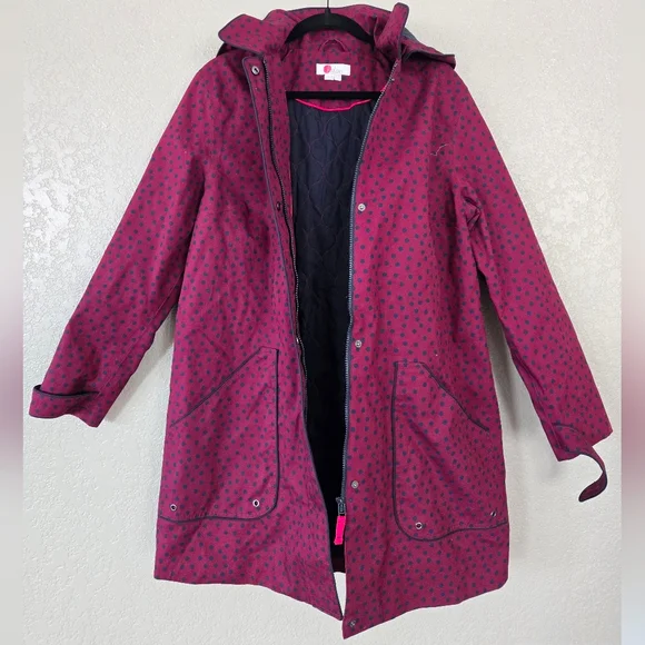 Boden Polka Dot Long Coat Rain Winter Womens 14R Plum Purple Blue Collar Zip - Picture 2 of 9